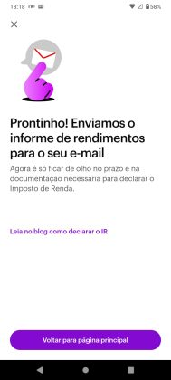 Tela do app do Nubank confirmando o envio do Informe de Rendimento 2022. Clientes relatam que não conseguem receber a documentação.