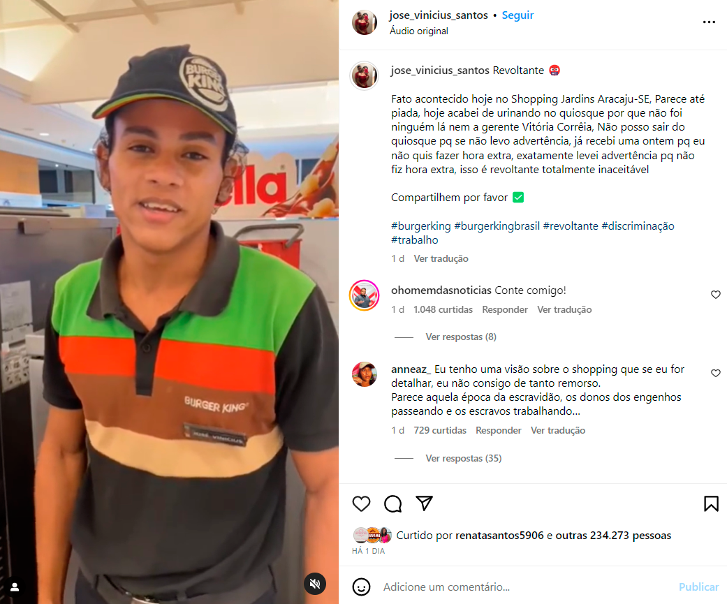 Funcionário do Burger King diz ter urinado na roupa por não poder