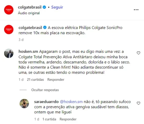 Consumidores relatam reações adversas à linha antitártaro da Colgate. Mesmo descontinuado, o produto ainda é comercializado no site da marca por meio de parceiros.