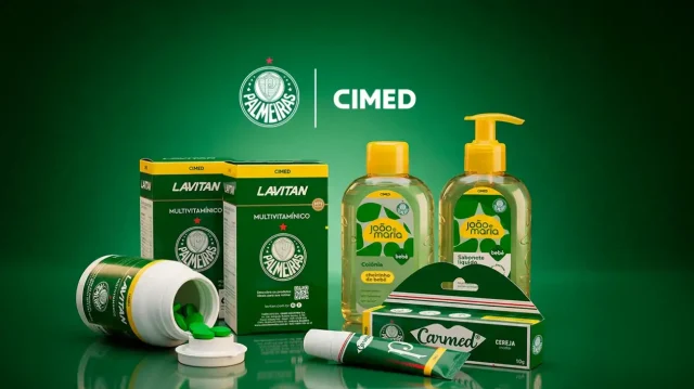 Palmeiras e Cimed lançam linha de produtos licenciados com Carmed, Lavitan e outras marcas, ampliando estratégia de conexão com torcedores.