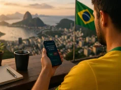 Brasil intensifica combate ao mercado ilegal de apostas e mira plataformas de previsão Homem usando camiseta do Brasil acessa celular com aplicativo de previsão em varanda com vista para cidade litorânea e bandeira brasileira ao fundo.