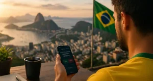 Homem usando camiseta do Brasil acessa celular com aplicativo de previsão em varanda com vista para cidade litorânea e bandeira brasileira ao fundo.
