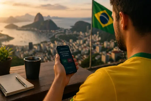 Homem usando camiseta do Brasil acessa celular com aplicativo de previsão em varanda com vista para cidade litorânea e bandeira brasileira ao fundo.