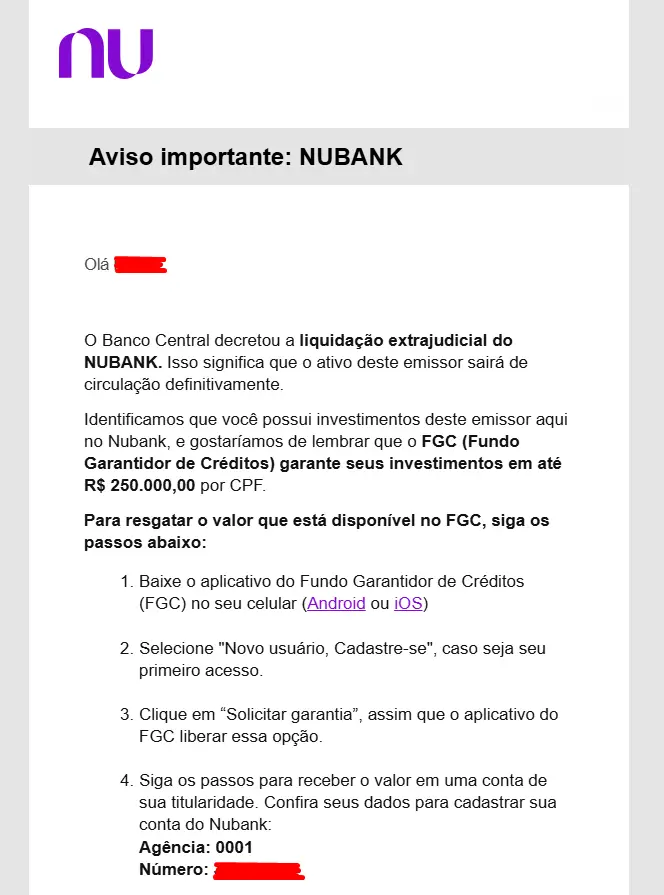 Nubank envia e-mail oficial informando liquidação da instituição e assusta clientes. Entenda a falha e a resposta do banco.