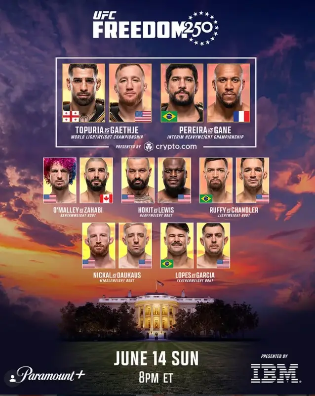 UFC Casa Branca acontece neste sábado, 14 de junho. Confira horário, card completo, onde assistir e os destaques com Alex Poatan, Ilia Topuria e Justin Gaethje.
