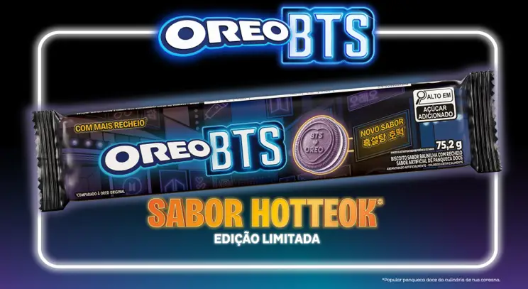 OREO BTS chega ao Brasil com sabor inédito inspirado no hotteok coreano. Edição limitada será lançada em 3 de agosto com embalagens exclusivas.
