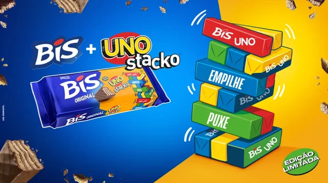 BIS lança experiência de jogo com comida em collab com UNO Stacko BIS e Mattel lançam edição limitada inspirada em UNO Stacko. Chocolates viram peças de uma torre para montar, jogar e compartilhar.