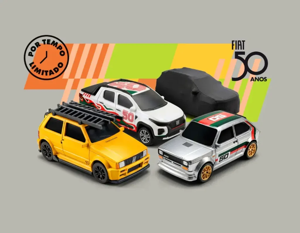 A Fiat lançou uma coleção especial de miniaturas do Fiat 147, Uno e Strada para celebrar seus 50 anos no Brasil. Produtos já estão disponíveis na Fiatwear, Ri Happy e TikTok Shop.