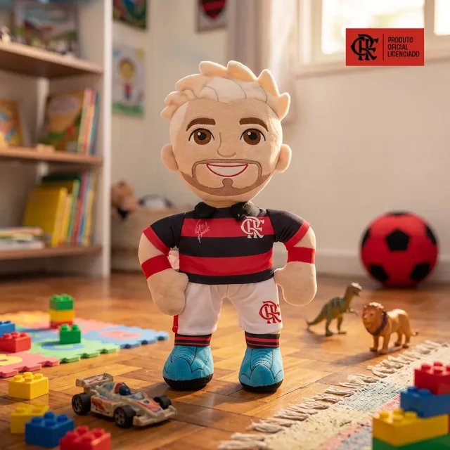 Pelúcia do Arrasquinha vestindo uniforme do Flamengo é apresentada como produto oficial licenciado pelo clube.