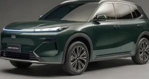 Geely EX5 EM-i, SUV híbrido plug-in da Geely, apresentado em vista frontal e lateral.