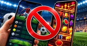 Apostas esportivas e cassinos online proibidos no Brasil são representados por dois celulares com imagens de futebol e jogo de cassino, cobertos por símbolo de proibido.
