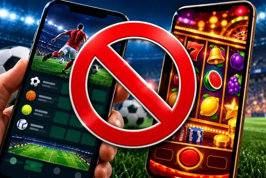Apostas esportivas e cassinos online proibidos no Brasil são representados por dois celulares com imagens de futebol e jogo de cassino, cobertos por símbolo de proibido.