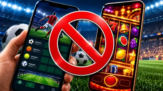 Brasil proíbe apostas esportivas e cassinos online Apostas esportivas e cassinos online proibidos no Brasil são representados por dois celulares com imagens de futebol e jogo de cassino, cobertos por símbolo de proibido.