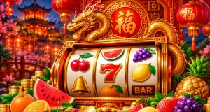 Cassino online com máquina caça-níquel de frutas, moedas e fichas, em cenário inspirado na cultura chinesa, com dragão dourado e lanternas vermelhas.