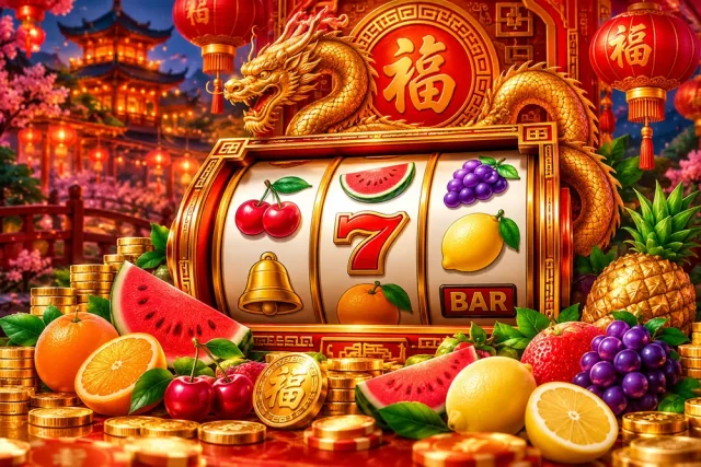 Ministério da Justiça tira do ar 506 sites de bets ilegais após nova MP Cassino online com máquina caça-níquel de frutas, moedas e fichas, em cenário inspirado na cultura chinesa, com dragão dourado e lanternas vermelhas.
