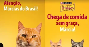 Campanha Friskies com gatos e o meme ‘Márcias do Brasil’, destacando a mensagem contra a comida sem graça e a marca Purina Friskies.
