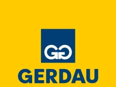 Logo da Gerdau, empresa brasileira produtora de aço, com símbolo Gerdau sobre fundo amarelo.