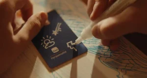 Campanha Itaú Personnalité mostra pessoa desenhando símbolos em cartão azul sobre papel, representando sonhos, projetos e conquistas financeiras.