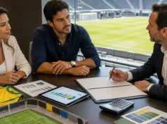 Patrocínios esportivos entram em nova escala de preços Pessoas discutindo contratos publicitários esportivos em uma sala com vista para o estádio.