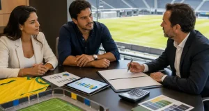 Pessoas discutindo contratos publicitários esportivos em uma sala com vista para o estádio.