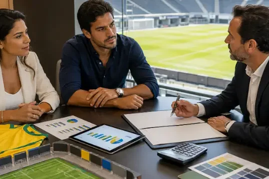 Pessoas discutindo contratos publicitários esportivos em uma sala com vista para o estádio.