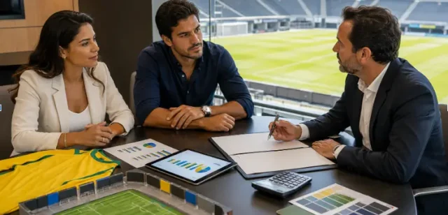 Patrocínios esportivos entram em nova escala de preços Pessoas discutindo contratos publicitários esportivos em uma sala com vista para o estádio.