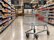 Carrinho de compras vazio em corredor de supermercado representa mudanças no comportamento de consumo dos brasileiros.