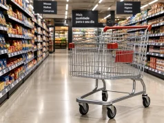 Carrinho de compras vazio em corredor de supermercado representa mudanças no comportamento de consumo dos brasileiros.
