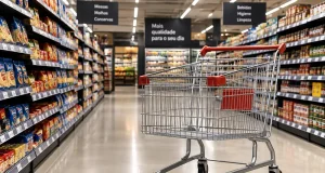 Carrinho de compras vazio em corredor de supermercado representa mudanças no comportamento de consumo dos brasileiros.
