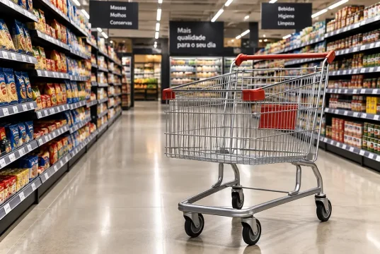 Carrinho de compras vazio em corredor de supermercado representa mudanças no comportamento de consumo dos brasileiros.
