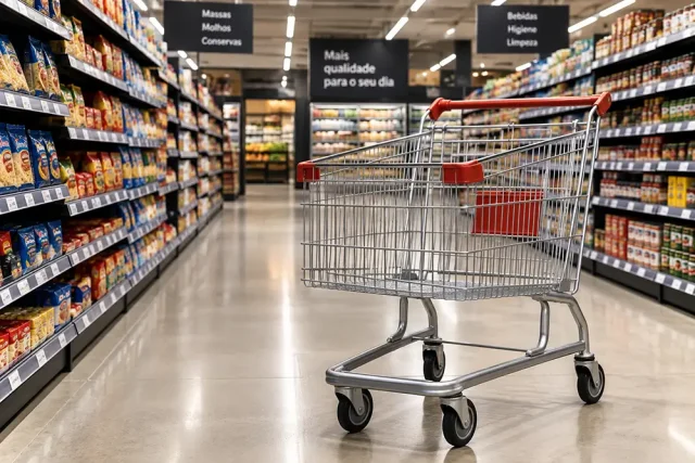 Carrinho de compras vazio em corredor de supermercado representa mudanças no comportamento de consumo dos brasileiros.