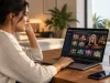 Mulher conferindo jogos de cassino digital em um notebook.