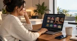 Mulher conferindo jogos de cassino digital em um notebook.