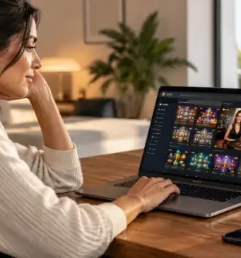 Mulher conferindo jogos de cassino digital em um notebook.