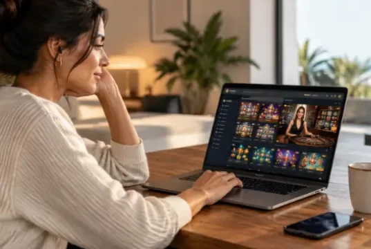 Mulher conferindo jogos de cassino digital em um notebook.
