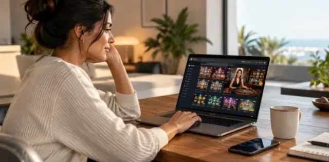 Mulher conferindo jogos de cassino digital em um notebook.