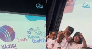 Crianças participam do Family Day do Yázigi Aracaju em parceria com o Nosso Cantinho, durante apresentação no evento.
