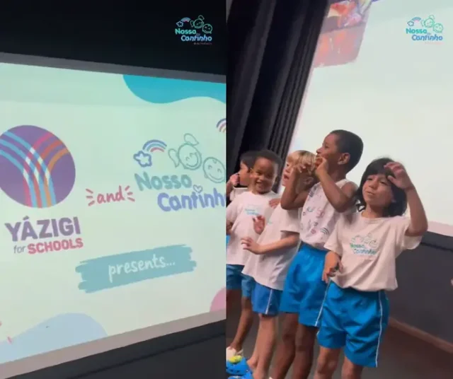 Crianças participam do Family Day do Yázigi Aracaju em parceria com o Nosso Cantinho, durante apresentação no evento.