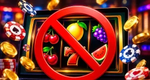 Ilustração de cassino online com frutas, máquina de caça-níquel e símbolo de proibição representando o bloqueio das apostas online no Brasil.
