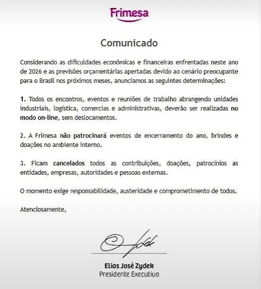 Comunicado interno determina reuniões on-line, cancela eventos de fim de ano e interrompe contribuições externas em meio a dificuldades econômicas e financeiras.