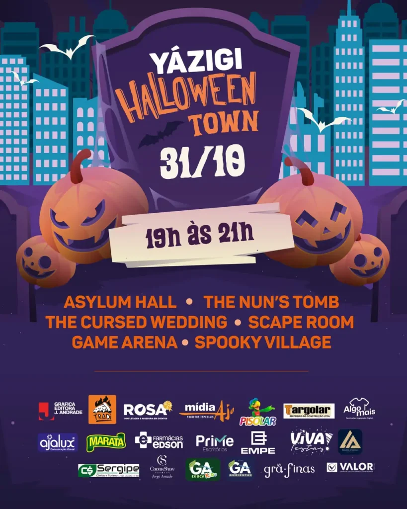 Yázigi Aracaju realiza a Halloween Town nos dias 30 e 31 de outubro, com concurso de fantasias, Vila do Horror, Escape Room e atrações temáticas.