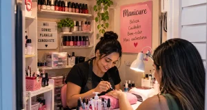 Microempreendedora individual (MEI) trabalha como manicure em um pequeno salão, realizando as unhas de uma cliente em espaço compacto e organizado, com esmaltes, equipamentos e materiais profissionais.