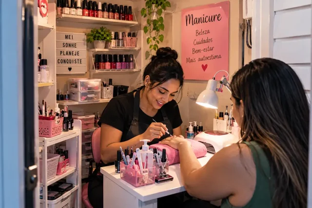 Governo Lula anuncia cinco medidas para MEIs; veja o que muda para os pequenos negócios Microempreendedora individual (MEI) trabalha como manicure em um pequeno salão, realizando as unhas de uma cliente em espaço compacto e organizado, com esmaltes, equipamentos e materiais profissionais.
